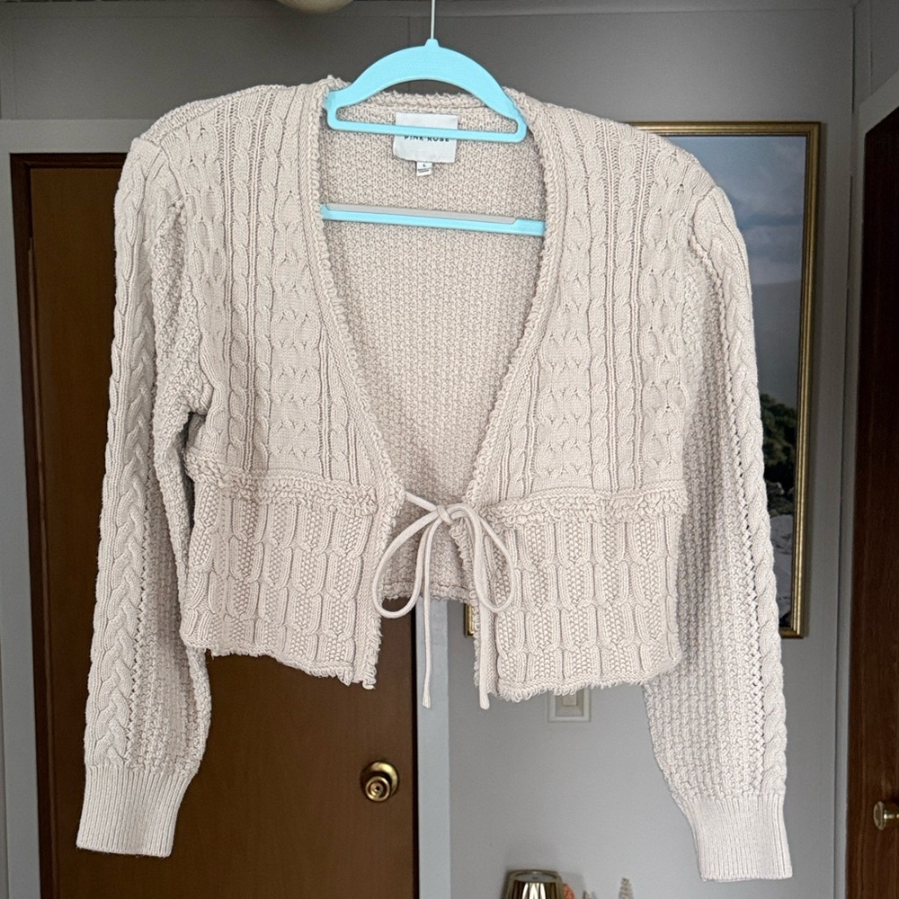 Pink Rose Light Cream Cable Tie Knit Cardigan